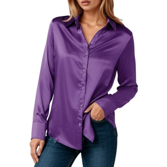VNKIDY Women Shirts Spring Autumn Satin Silk Solid Color Loose Fit Blouse Long Sleeve Button Down Lapel Tunic For Outdoor Wear Casual Tops