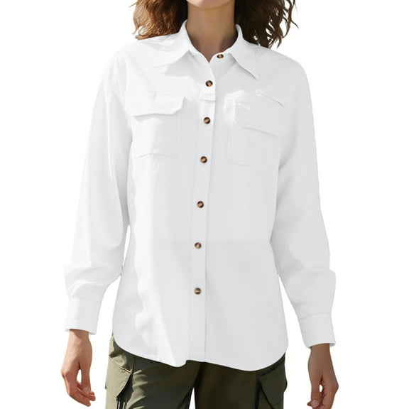 VNKIDY Women Shirts Spring Autumn Solid Color Loose Fit Blouse With Front Pockets Long Sleeve Lapel Button Down Shirt For Casual Daily Wear Trendy Tops