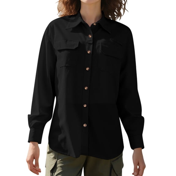 VNKIDY Women Shirts Spring Autumn Solid Color Loose Fit Blouse With Front Pockets Long Sleeve Lapel Button Down Shirt For Casual Daily Wear Cozy Tops