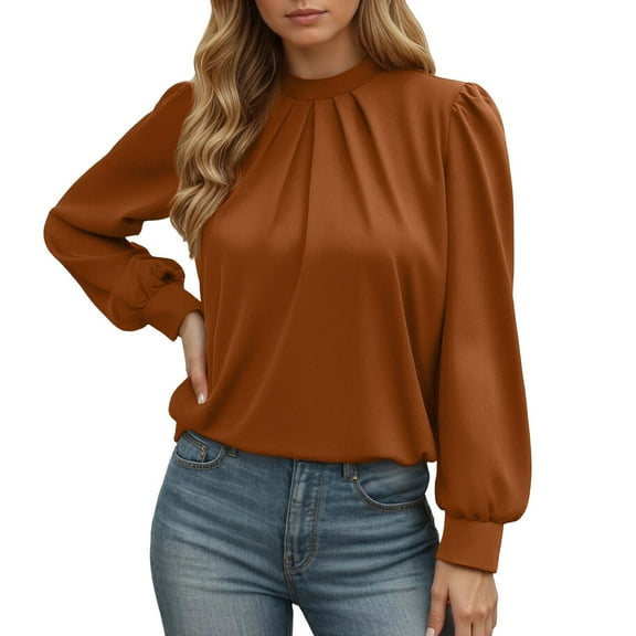 VNKIDY Women Shirts Spring Solid Color Lightweight Blouse Long Sleeve Crewneck Loose Fit Shirt For Everyday Wear Stylish Tops