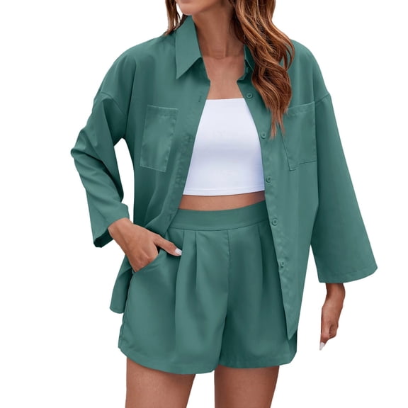 VNKIDY Women Shirts Spring Summer Solid Color Loose Fit Blouse With Front Pockets Long Sleeve Lapel Button Down Shirt For Casual Daily Wear Comfortable Tops