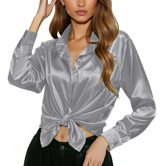 VNKIDY Women Shirts Spring Summer Solid Color Satin Silk Blouse Long Sleeve Lapel Button Down Tie Front Shirt For Casual Daily Wear Versatile Tops