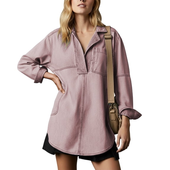 VNKIDY Women Shirts Stylish Solid Color Denim Blouse With Front Pockets Long Sleeve Lapel Loose Fit Tunic For Casual Daily Wear Trendy Tops