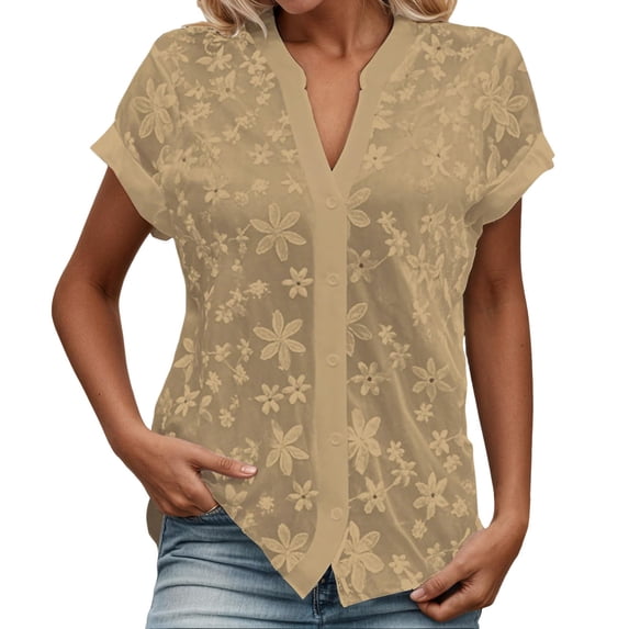 VNKIDY Women Shirts Summer Lightweight Floral Jacquard Blouse Short Sleeve V Neck Button Down Shirt For Casual Daily Wear Comfortable Tops