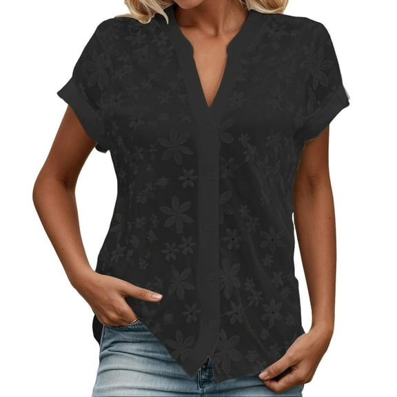 VNKIDY Women Shirts Summer Lightweight Floral Jacquard Blouse Short Sleeve V Neck Button Down Shirt For Casual Daily Wear Soft Tops