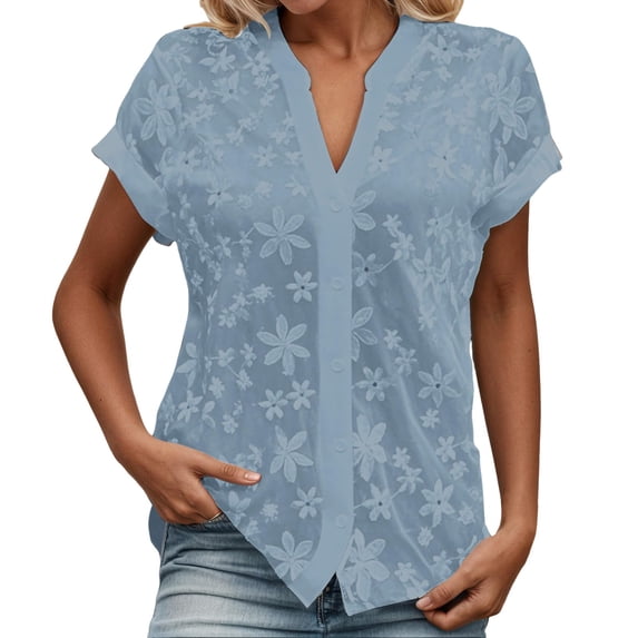 VNKIDY Women Shirts Summer Lightweight Floral Jacquard Blouse Short Sleeve V Neck Button Down Shirt For Casual Daily Wear Trendy Tops