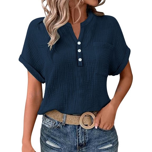 VNKIDY Women Shirts Summer Lightweight Short Sleeve Waffle Blouse With Front Pockets Solid Color V Neck Loose Fit Shirt With Button Details For Outdoor Wear Trendy Tops