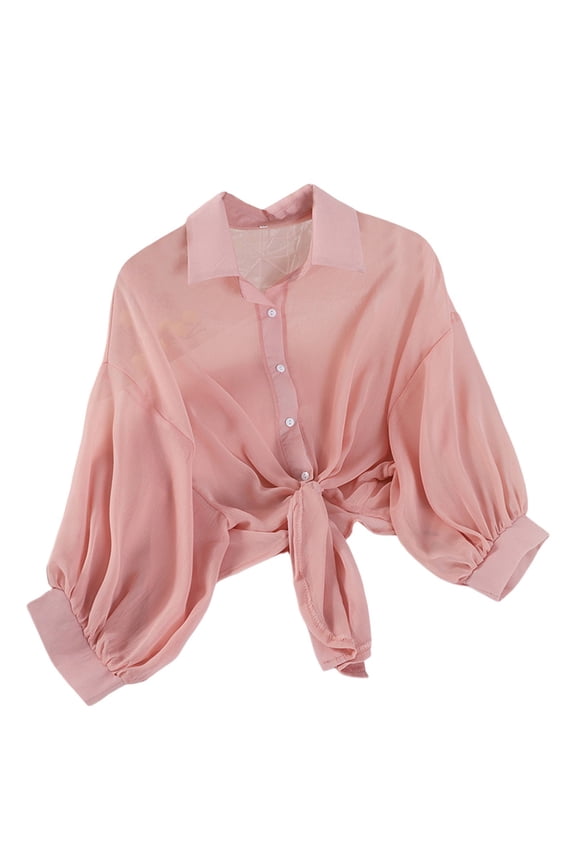 Women Shirts Summer Lightweight Solid Color Loose Fit Chiffon Blouse Puff Long Sleeve Button Down Lapel Shirt For Casual Daily Wear Trendy Tops