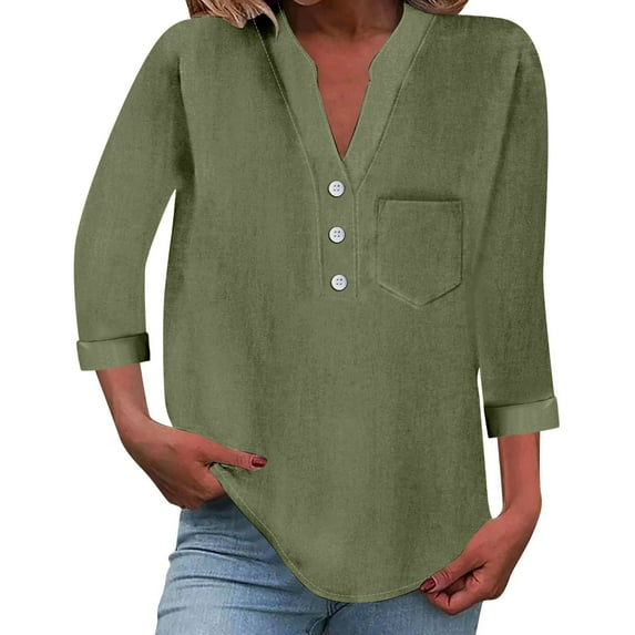 VNKIDY Women Shirts Summer Solid Color Lightweight Blouse With Stand Up Collar 3/4 Sleeve Button Down Shirt With Front Pockets For Casual Daily Wear Casual Tops