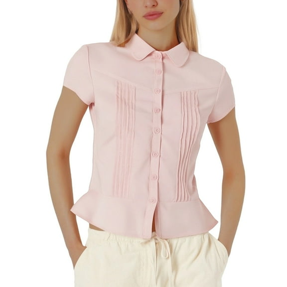 VNKIDY Women Shirts Summer Solid Color Slim Fit Blouse Short Sleeve Button Down Lapel Shirt For Casual Daily Wear Casual Tops