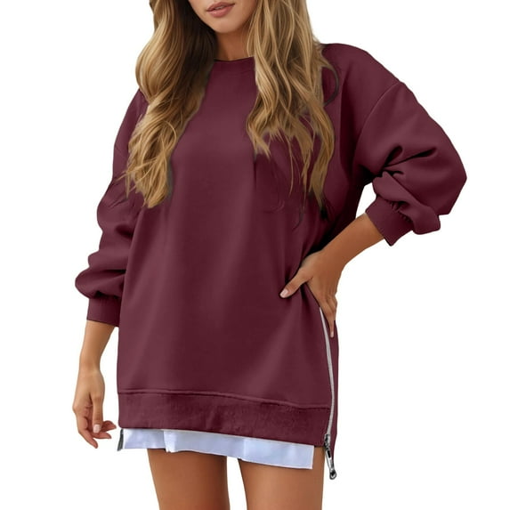 VNKIDY Women Side Zipper Design O-Neck Sweatshirt With Patchwork Style Long Sleeve Solid Color Pullover Fashionable Dailywear