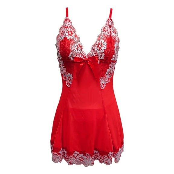 VNKIDY Women Sleepwear Satin Chemise Lace Trim Nightgown Deep V Neck Spaghetti Strap Sleeveless Lingerie Dress Featuring Bow Detail Elegant Seductive Sleepwear Classic Pjs