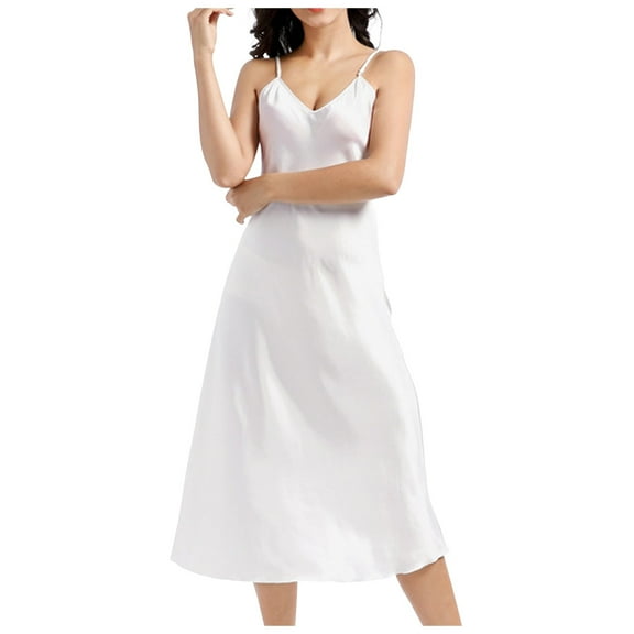 VNKIDY Women Sleepwear Solid Color Satin Dress Pajama Spaghetti Strap V Neck Midi Length Nightgown Silky Elegant Sleepwear For Comfortable Nights Casual Pjs