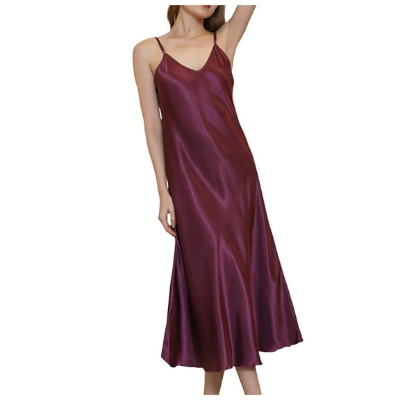 VNKIDY Women Sleepwear Solid Color Satin Dress Pajama Spaghetti Strap V Neck Midi Length Nightgown Silky Elegant Sleepwear For Comfortable Nights Cozy Pjs