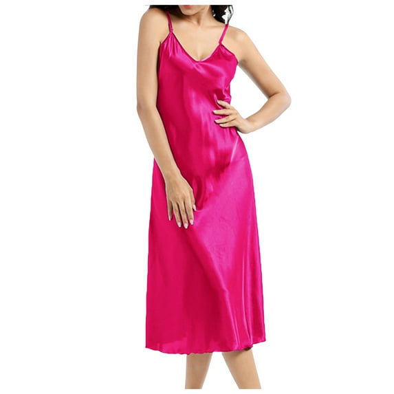 VNKIDY Women Sleepwear Solid Color Satin Dress Pajama Spaghetti Strap V Neck Midi Length Nightgown Silky Elegant Sleepwear For Comfortable Nights Soft Pjs