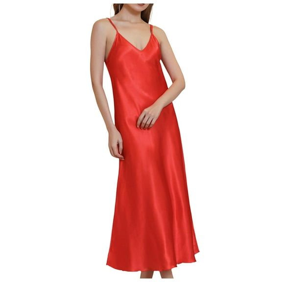 VNKIDY Women Sleepwear Solid Color Satin Dress Pajama Spaghetti Strap V Neck Midi Length Nightgown Silky Elegant Sleepwear For Comfortable Nights Stylish Pjs