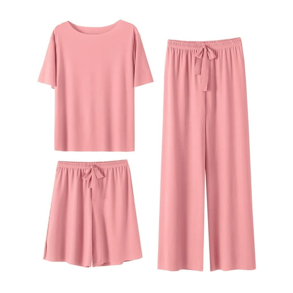 VNKIDY Women Sleepwear Summer Ice Silk Pajamas Set Short Sleeve Tops With Shorts Wide Leg Pants Solid Color Homewear Three Piece Set Casual Pjs