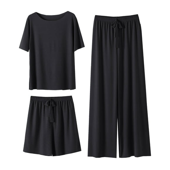 VNKIDY Women Sleepwear Summer Ice Silk Pajamas Set Short Sleeve Tops With Shorts Wide Leg Pants Solid Color Homewear Three Piece Set Fashionable Pjs