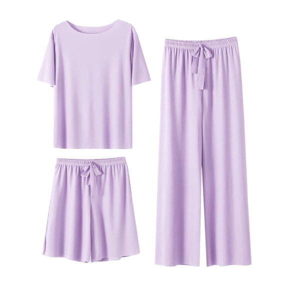 VNKIDY Women Sleepwear Summer Ice Silk Pajamas Set Short Sleeve Tops With Shorts Wide Leg Pants Solid Color Homewear Three Piece Set Leisure Pjs