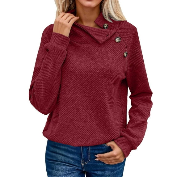 VNKIDY Women Solid Color Button High Neck Long Sleeve Casual O-Neck Sweatshirt Pullover Holiday Dailywear