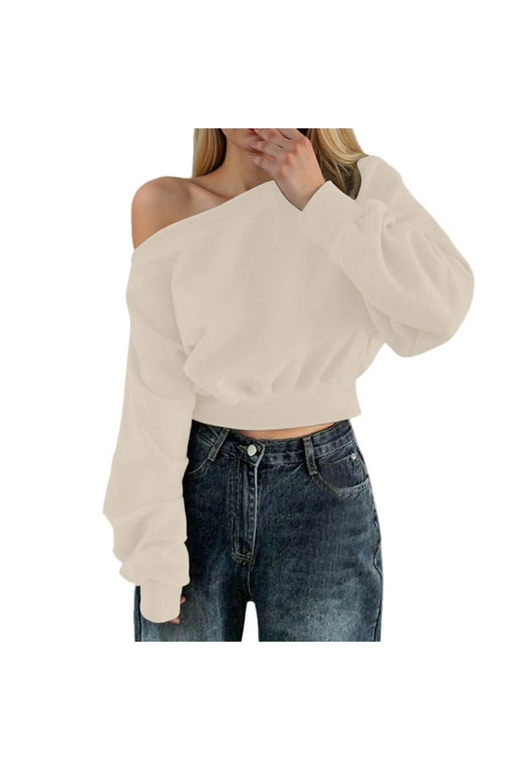Women Solid Color Off Shoulder Sweatshirt Casual Crop Crop Tops Long Sleeve Pullover For Fashion Comfort O-Neck Classic Dailywear