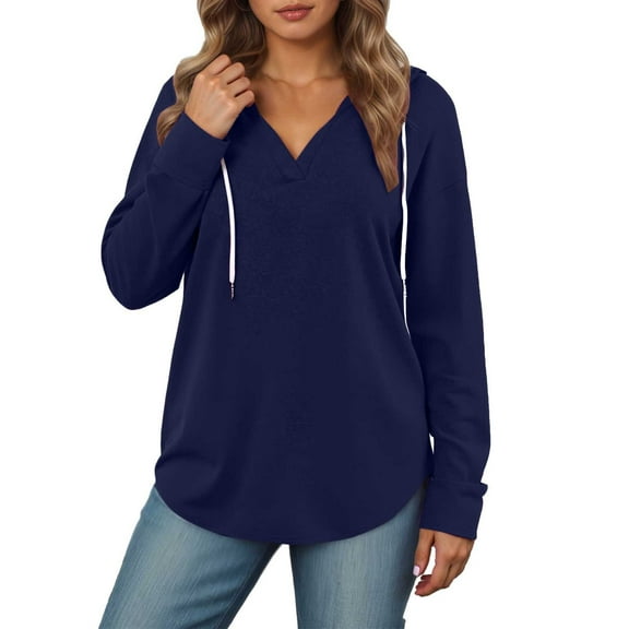 VNKIDY Women Solid Color V Neck Hoodie Pullover Long Sleeved Drawstring Loose Sweatshirt From Comfort Dailywear