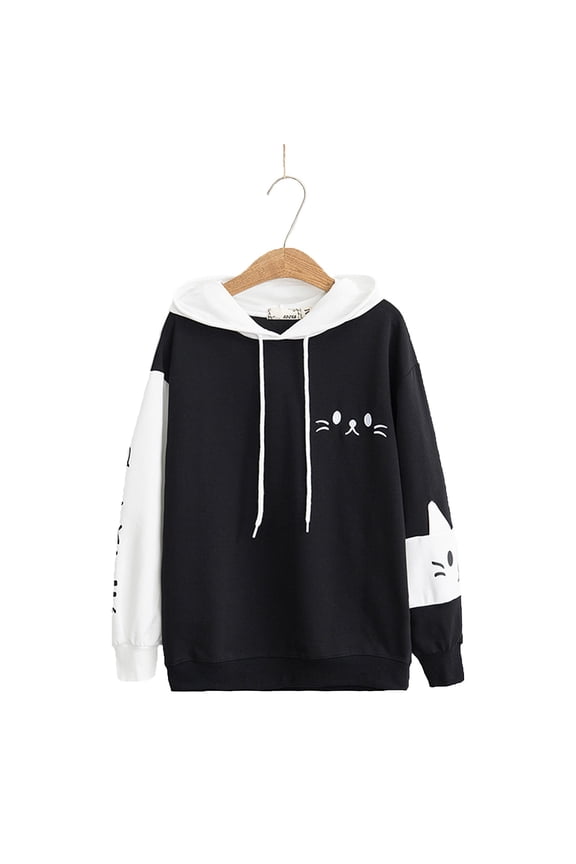 Women Sweatshirts White Black Patchwork Hoodie With Cat Face Print Long Sleeve Cute Sweatshirt With Drawstring For Autumn Winter Leisure Tops