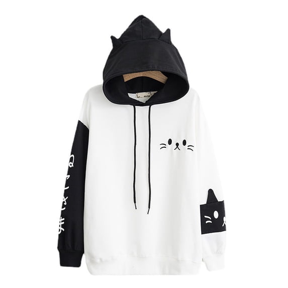 VNKIDY Women Sweatshirts White Black Patchwork Hoodie With Cat Face Print Long Sleeve Cute Sweatshirt With Drawstring For Autumn Winter Soft Tops