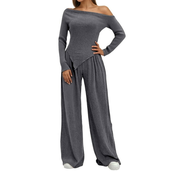 VNKIDY Women Trousers Suit 2 Piece Set Casual Solid Color Long Sleeve One Shoulder Knitted Tops Wide Leg Pants Outfits For Daily Wear Trendy Sets