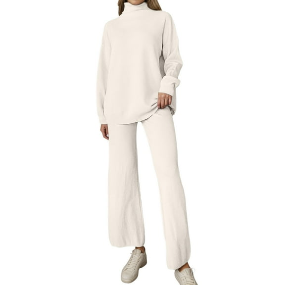 VNKIDY Women Trousers Suit Autumn Winter Warm Knited Outfits Solid Color Long Sleeve Turtleneck Sweater Wide Leg Pants Sets For Cold Weather Fashionable Sets