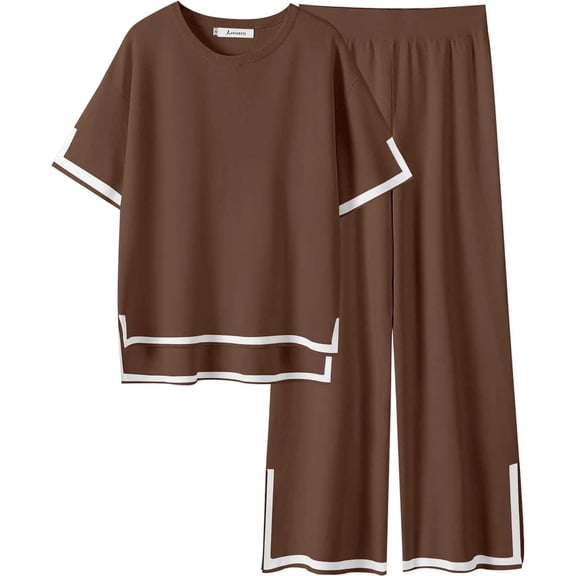 VNKIDY Women Trousers Suit Color Block Stripe Loose Fit Homewear Set Short Sleeve Crewneck Top Wide Leg Pants Outfits For Casual Wear Leisure Sets