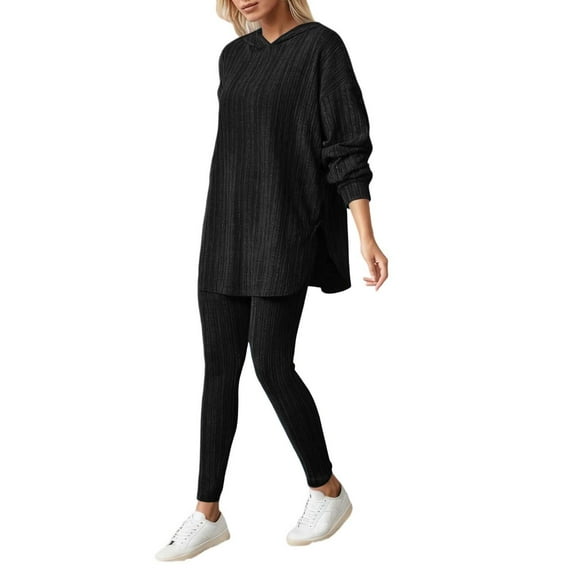 VNKIDY Women Trousers Suit Fall Winter Solid Color Outfits Long Sleeve Crewneck Ribbed Top Elastic Waisted Leggings Sets For Everyday Wear Cozy Sets