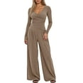 thumbnail image 1 of VNKIDY Women Trousers Suit Relaxed Casual Solid Color Sets Long Sleeve V Neck Slim Top Wide Leg Pants Outfits For Outdoor Wear Classic Sets, 1 of 4