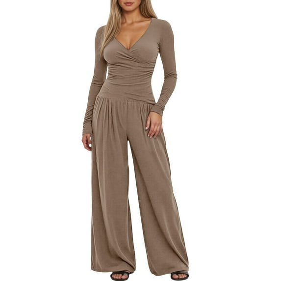 VNKIDY Women Trousers Suit Relaxed Casual Solid Color Sets Long Sleeve V Neck Slim Top Wide Leg Pants Outfits For Outdoor Wear Classic Sets