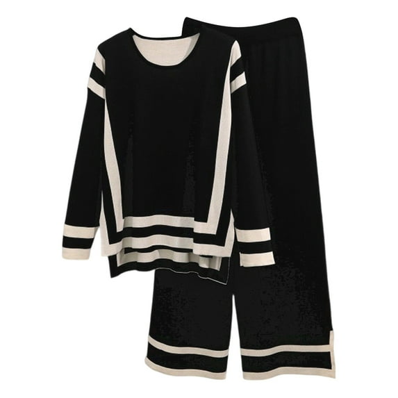 VNKIDY Women Trousers Suit Stylish Loose Fit 2 Piece Outfits Color Block Stripe Long Sleeve Crewneck Top Wide Leg Pants Sets For Daily Wear Athletic Sets