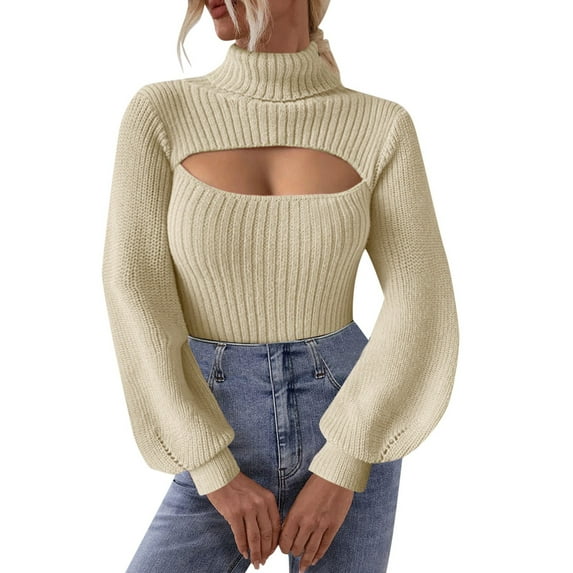 VNKIDY Women Turtleneck Sweater Solid Color Turtleneck Sweater Soft Ribbed Knit Puff Long Sleeve Fitted Top For Daily Wear Fashionable Knitwear