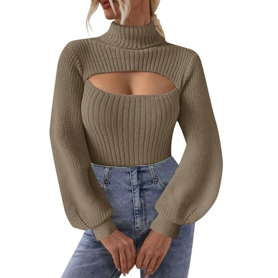 VNKIDY Women Turtleneck Sweater Solid Color Turtleneck Sweater Soft Ribbed Knit Puff Long Sleeve Fitted Top For Daily Wear Fashionable Knitwear