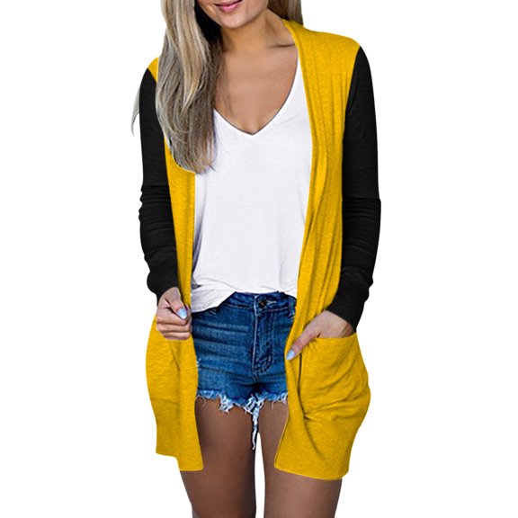 VNKIDY Women's Cardigan Autumn Winter Casual Knitted Cardigan Contrast Long Sleeve Open Front Loose Fit Coat With Pockets For Cold Weather Daily Wear Leisure Knitwear
