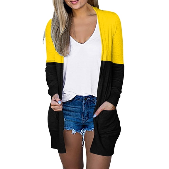 VNKIDY Women's Cardigan Autumn Winter Color Block Knitted Cardigan Long Sleeve Open Front Loose Fit Coat With Pockets For Casual Daily Waer Leisure Knitwear