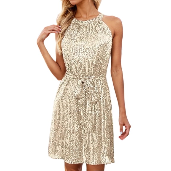 VNKIDY Women's Carnival Solid Color Sparkle Halter Mini Dress Crewneck Elastic Waist Flared Shiny Dress For Party Date Casual Daily Wear Fashionable Dress