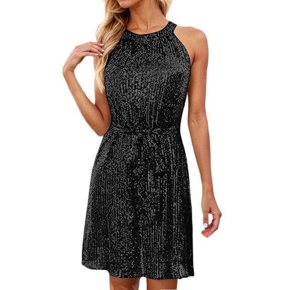 VNKIDY Women's Carnival Solid Color Sparkle Halter Mini Dress Crewneck Elastic Waist Flared Shiny Dress For Party Date Casual Daily Wear Versatile Dress