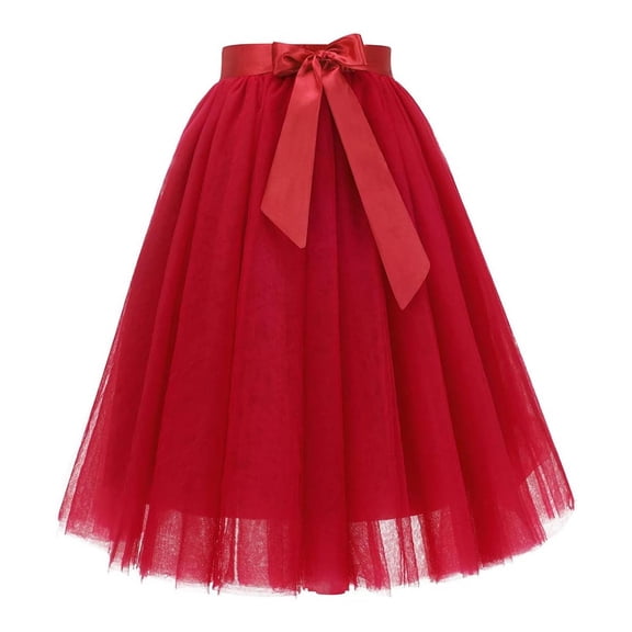 VNKIDY Women's Carnival Solid Color Tulle Skirt Bow Decor Multi Layer Fluffy High Waist Mid Length Skirt For Party Casual Festival Wear Soft Bottoms