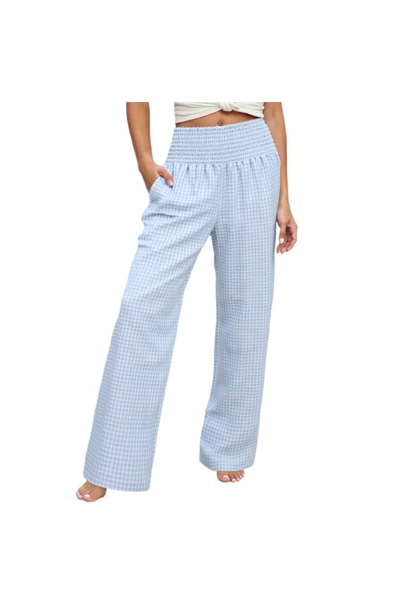 Women's Casual Pants Casual Gingham Wide Leg Pants High Elastic Waisted Trousers With Pockets For Breezy Summer Casual Style Casual Pants