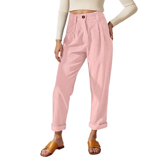 VNKIDY Women's Casual Pants Casual Solid Color Corduroy Tapered Pants High Elastic Waisted Pleated Trousers For Retro Casual Style Fashionable Pants