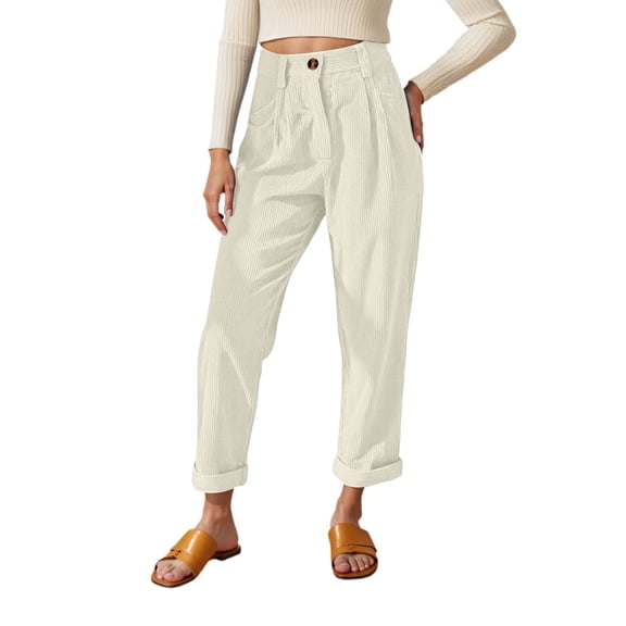 VNKIDY Women's Casual Pants Casual Solid Color Corduroy Tapered Pants High Elastic Waisted Pleated Trousers For Retro Casual Style Soft Pants