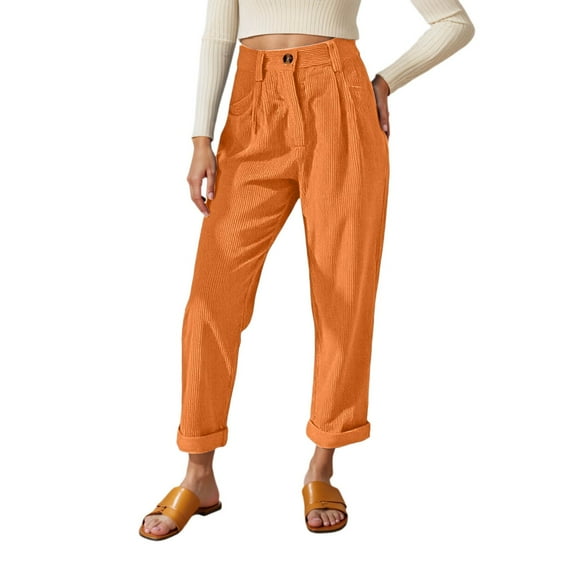 VNKIDY Women's Casual Pants Casual Solid Color Corduroy Tapered Pants High Elastic Waisted Pleated Trousers For Retro Casual Style Versatile Pants