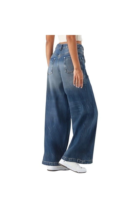 Women's Casual Pants Dark Blue Vintage Wide Leg Jeans High Waisted Distressed Denim Pants With Retro Washed Texture For Timeless Casual Elegance Casual Pants