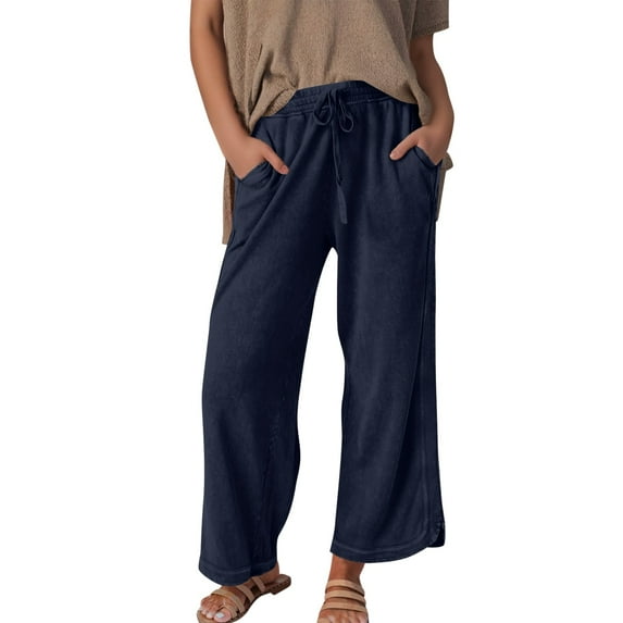 VNKIDY Women's Casual Pants Fashion Solid Color Wide Leg Pants Elastic Waisted Drawstring Loose Fit Trousers With Pockets For Outdoor Wear Leisure Pants