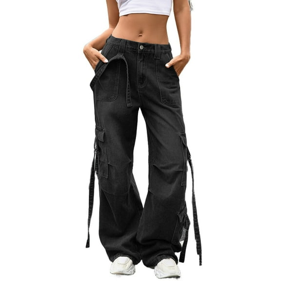 VNKIDY Women's Casual Pants Fashion Washed Denim Cargo Jeans Drawstring Waist Loose Fit Trousers With Pockets For Streetwear Casual Style Versatile Pants