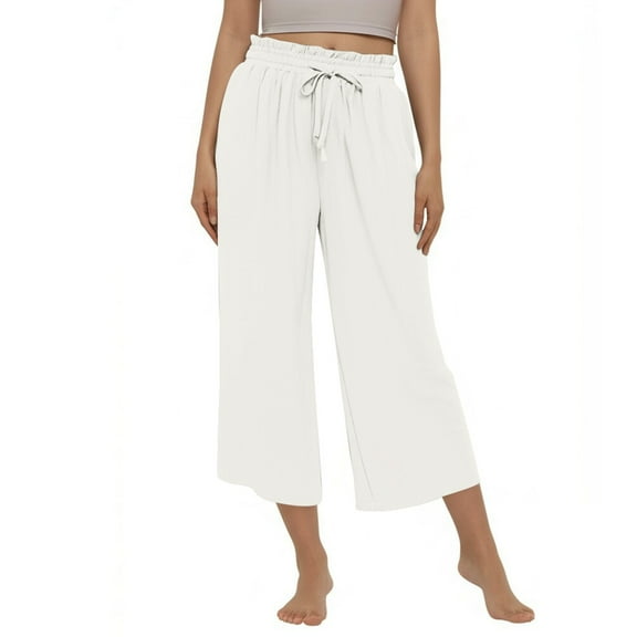 VNKIDY Women's Casual Pants Ladies Solid Color Linen High Waisted Drawstring Pants Loose Fit Wide Leg Capris For Daily Wear Trendy Pants